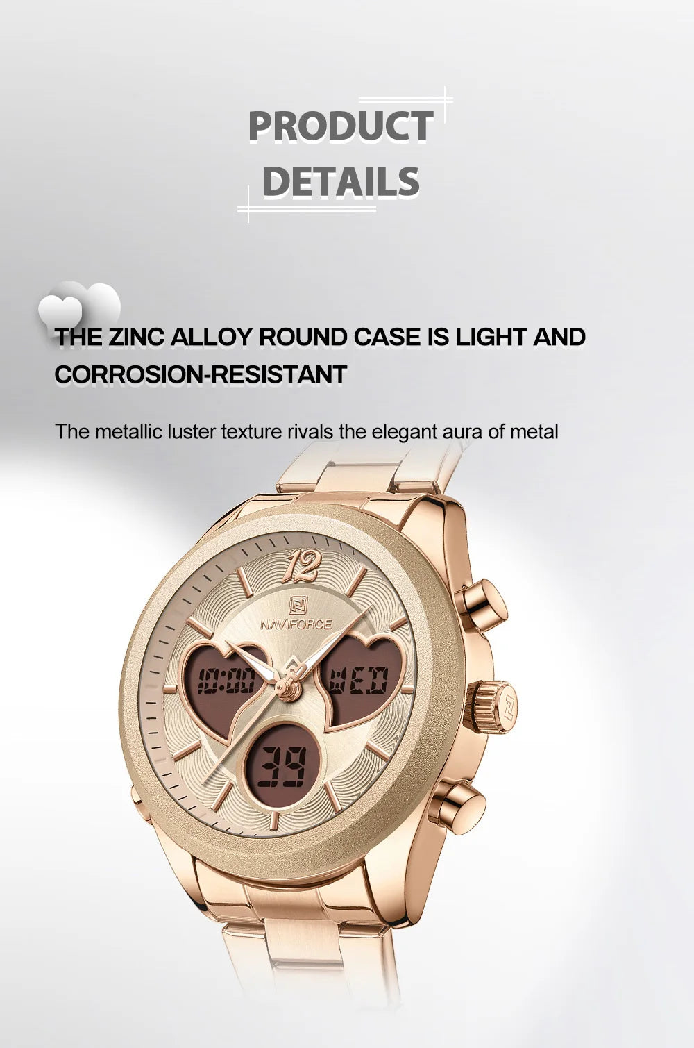 NAVIFORCE Women Watch Unique Design of Heart-Shaped Dial Quartz Analog LCD Digital Watches Fashion Casual Girlfriend Gifts Clock