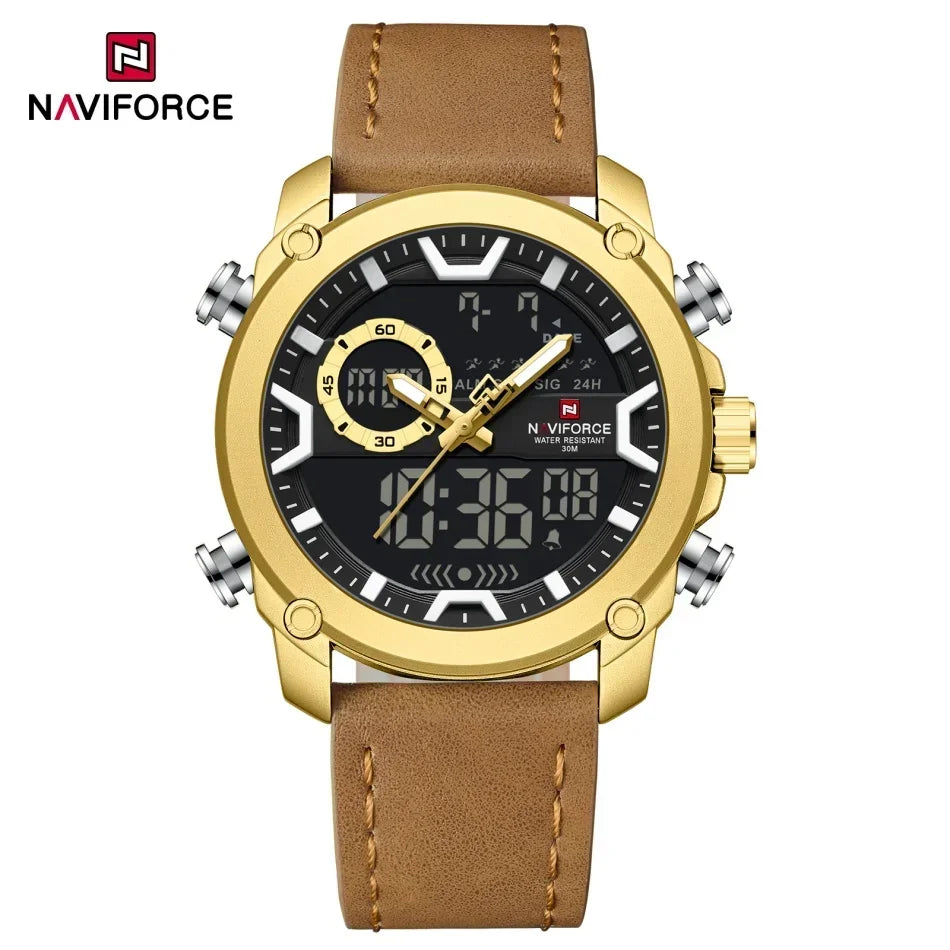 NAVIFORCE Men Watch Business Casual Fashion Dual Display Sport Genuine Strap Alarm Mode Quartz Wristwatch Man Waterproof Watch