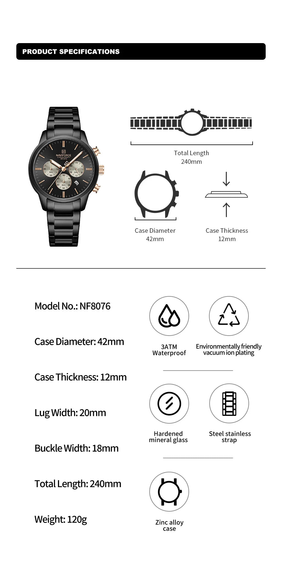 NAVIFORCE 2026 Man's Watch Quartz Chronograph 30M Waterproof Date Display Steel Band Male Fashionable Luxury Wristwatch Gift Box