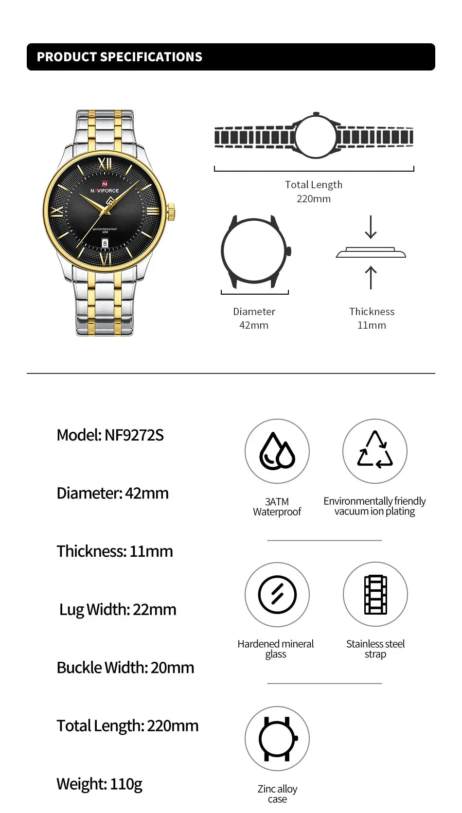 NAVIFORCE Men's Watch Stainless Steel Strap Waterproof Luxury Sport Male Quartz WristWatch Calendar Clock Reloj Hombre man gift