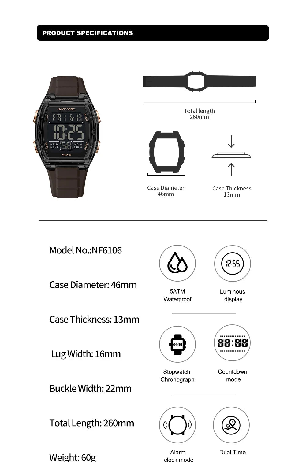NAVIFORCE Men's Watch Alloy Dial Analog LCD Digital Display Sport Waterproof Quartz Wristwatch Date Chronograph Luminous Clock