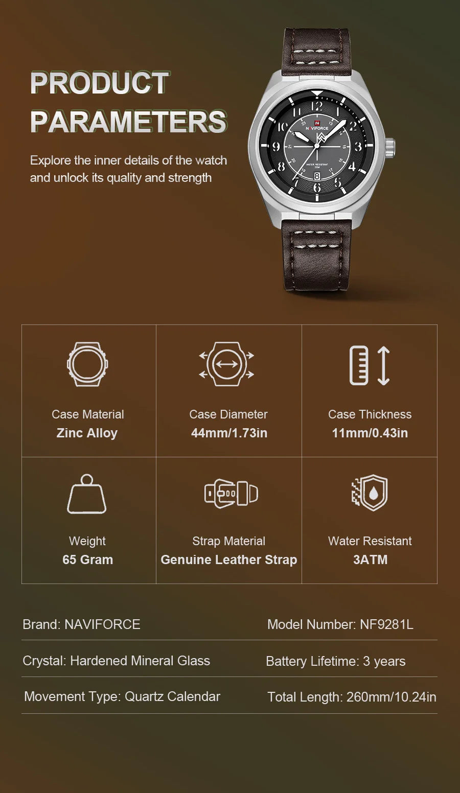 NAVIFORCE Men's Quartz Calendar Watch 3ATM Waterproof Leather Strap Casual Fashion Business Daily Wear Male Wristwatch Gift Box