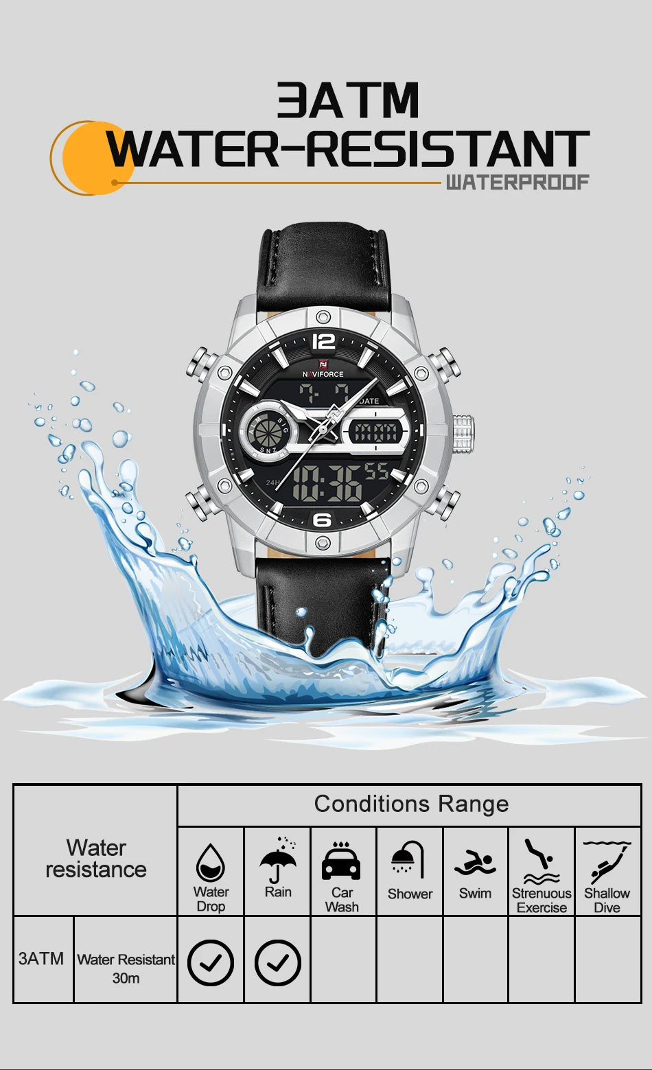 NAVIFORCE Men Watch Quartz Calendar Sports Waterproof Alarm Countdown Automatic Display Fashionable Luxury Wristwatch Gifts Box