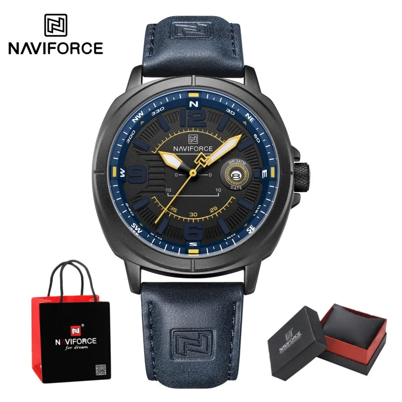 NAVIFORCE New Male Wristwatch Gift Box Quartz Calendar PU Band Calendar High Quarlity 30M Waterproof Business Man's Watch NF8078