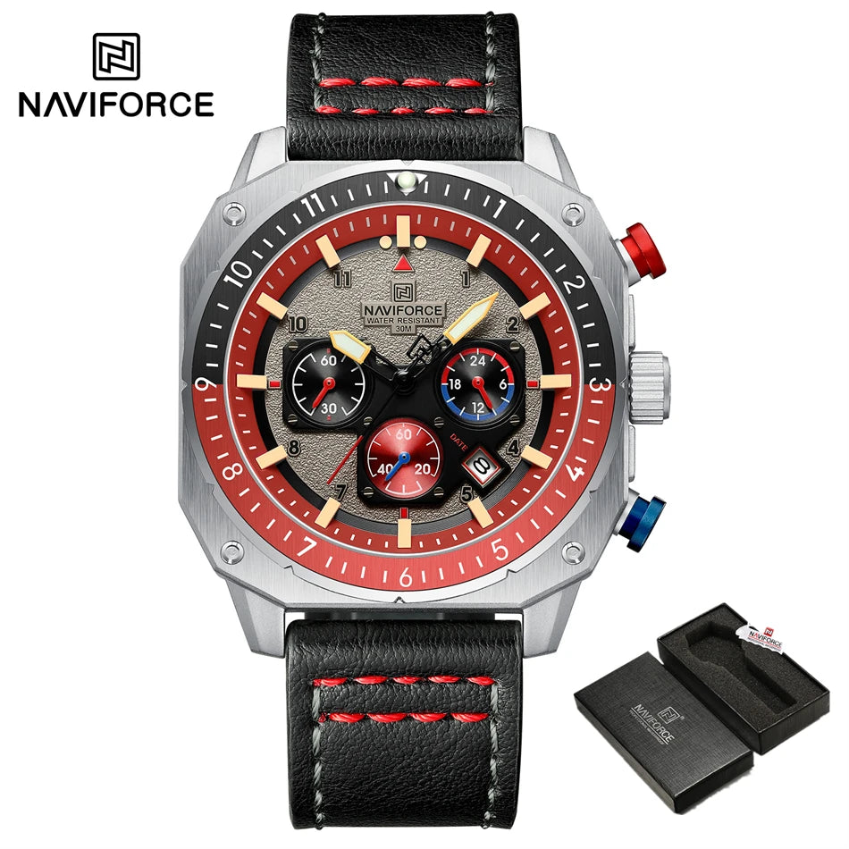 NAVIFORCE Sports Multifunction 24 Hours Date Display Waterproof Watch for Men Fashion Leather Quartz Analog Luminous Wrist Watch