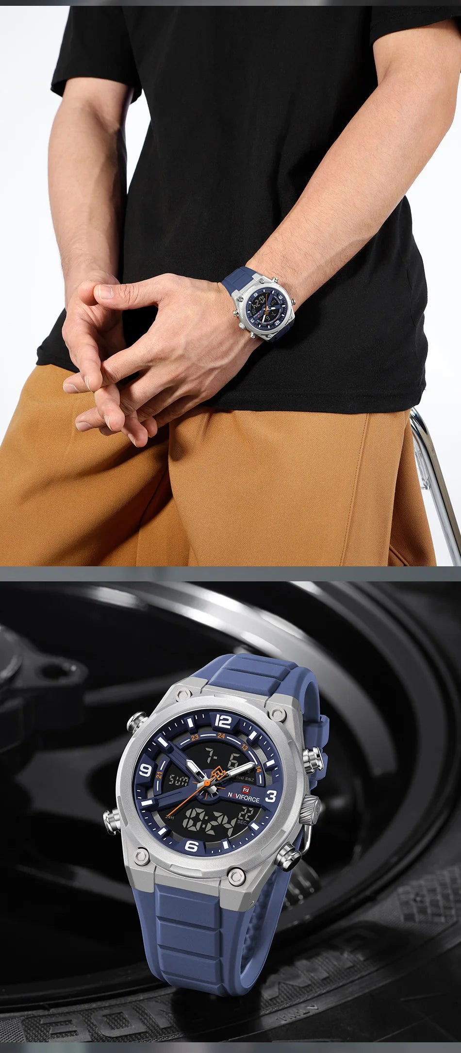 NAVIFORCE Man Watch Fashion Casual Sports Dual display Silicone Strap Waterproof Alarm Chronograph Day and Date Watches for Men