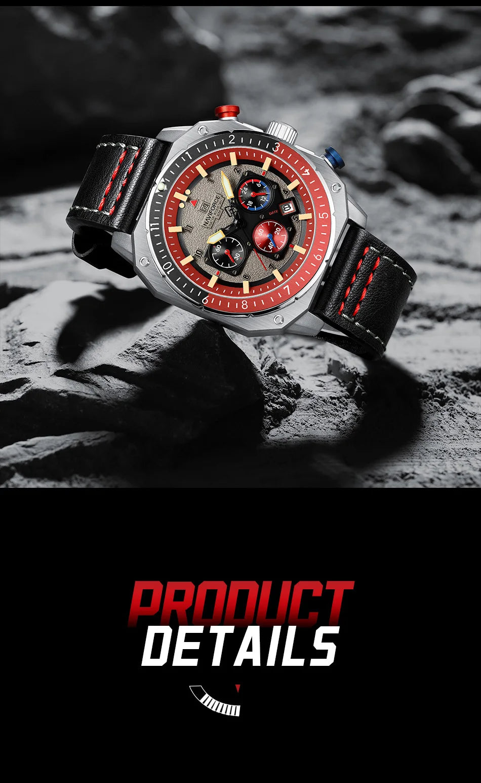 NAVIFORCE Sports Multifunction 24 Hours Date Display Waterproof Watch for Men Fashion Leather Quartz Analog Luminous Wrist Watch