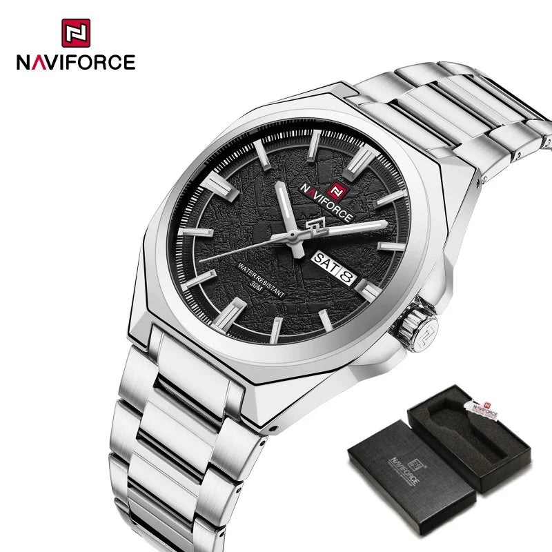 NAVIFORCE Men's Watch Quartz Calendar Week Display Waterproof Luminous Steel Band Male Trendy Outdoor Business Wristwatch NF9273