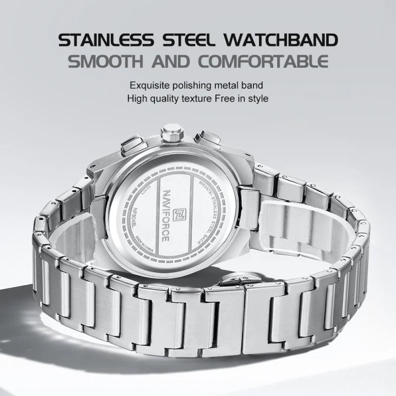 NAVIFORCE Male Quartz Stylish Watches Chronograph Waterproof Luminous Hands Stainless Steel Band Men Luxury Business Wristwatch