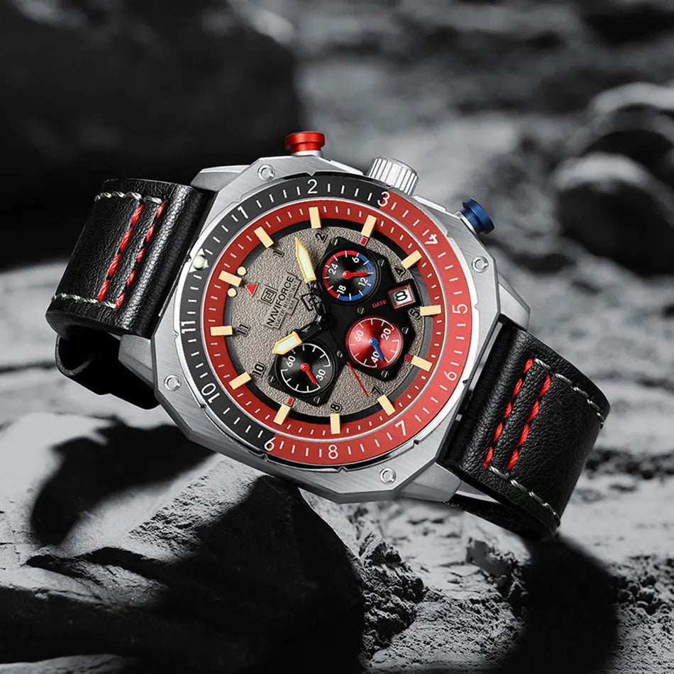 NAVIFORCE Sports Multifunction 24 Hours Date Display Waterproof Watch for Men Fashion Leather Quartz Analog Luminous Wrist Watch