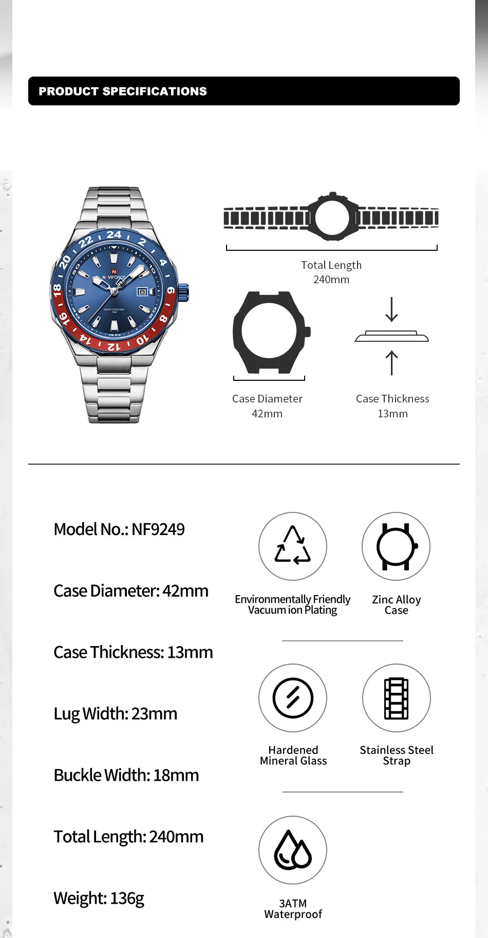 NAVIFOCE Luxury Business Man Watch Sport 3ATM Waterproof Quartz Clock Man Military Stainless Band WristWatch Relogio Masculino