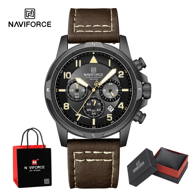NAVIFORCE Classic Men Quartz Chronograph Watch 3ATM Waterproof Date Display Leather Strap Business Wristwatch Gift Box for Male