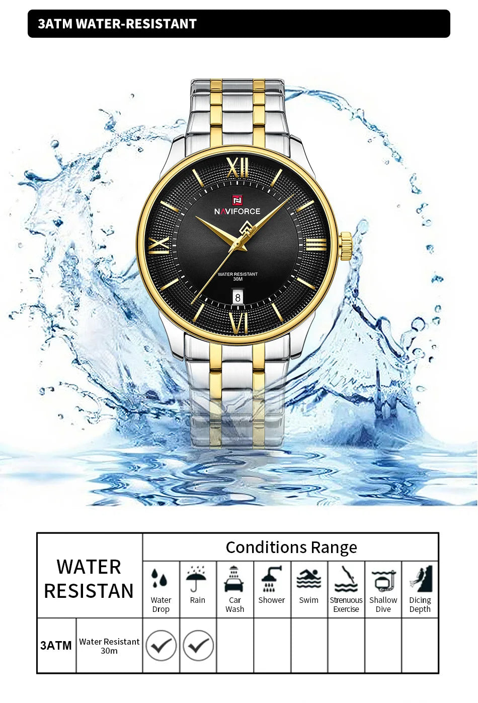 NAVIFORCE Men's Watch Stainless Steel Strap Waterproof Luxury Sport Male Quartz WristWatch Calendar Clock Reloj Hombre man gift