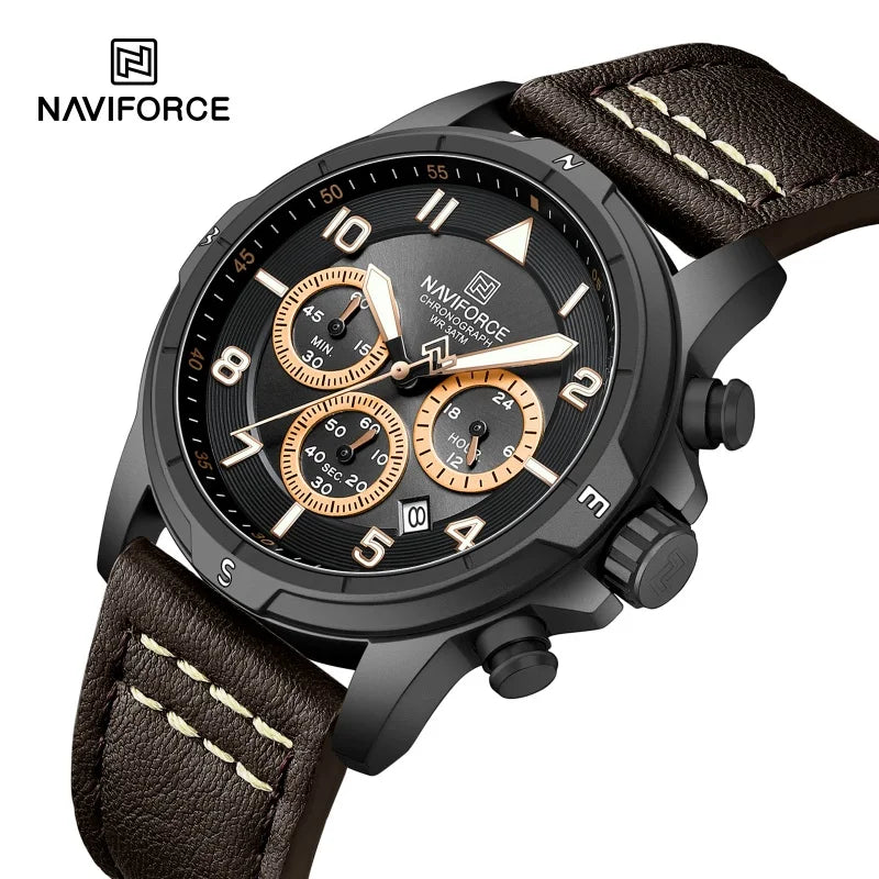 NAVIFORCE Men's Quartz Chronograph Wristwatch Multi Dial 24 Hour Clock Leather Band Modern Business Luxury Design Men Gift Watch