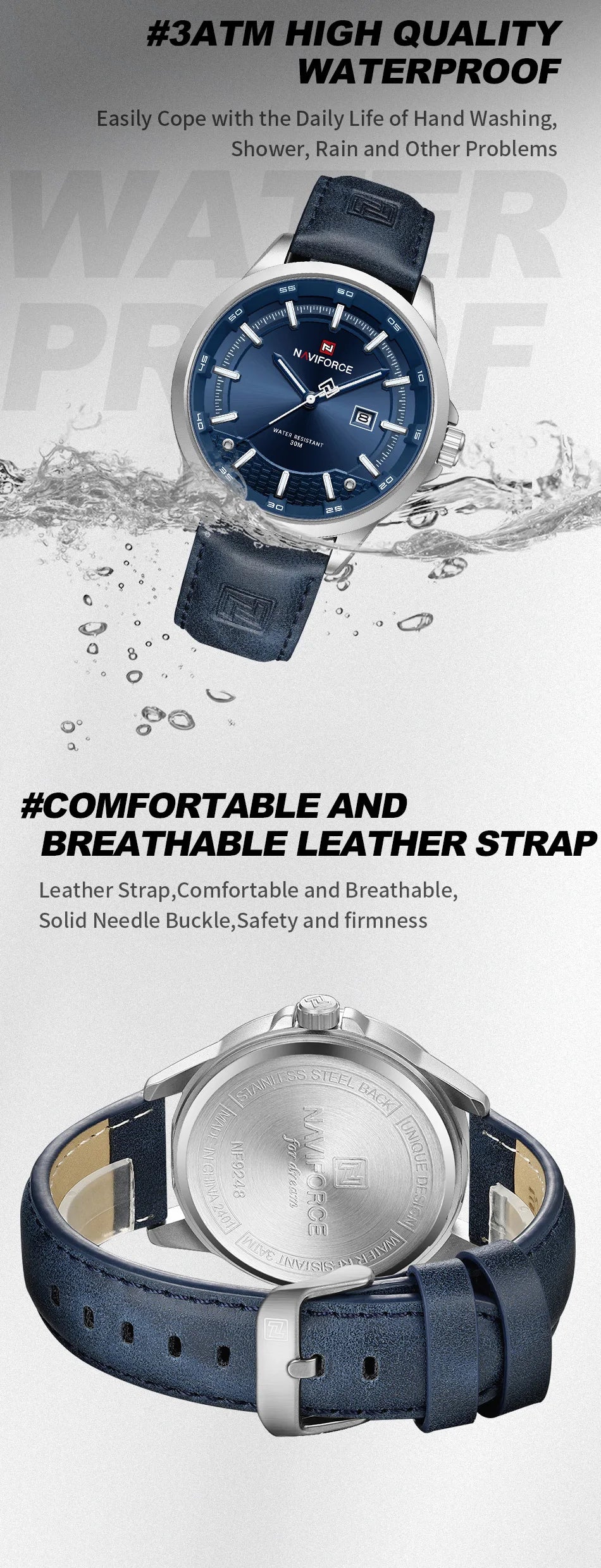 NAVIFORCE Watches For Men Quartz Auto Date Waterproof Leather Strap Male Casual Fashion Daily Wear Business Man's Clocks NF9248L