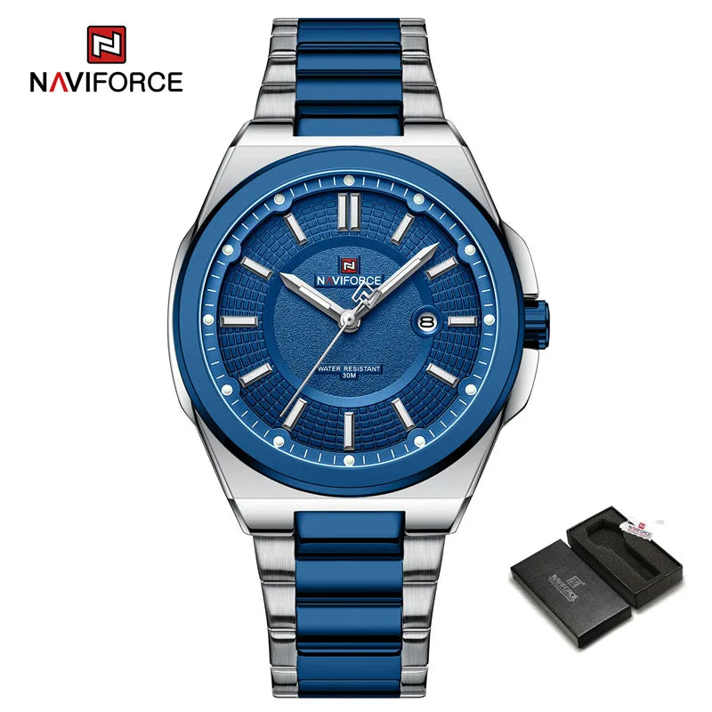 NAVIFORCE New Men's Watch Stainless Steel Strap Military Casual WristWatches Male Business Waterproof Quartz Calendar Clock