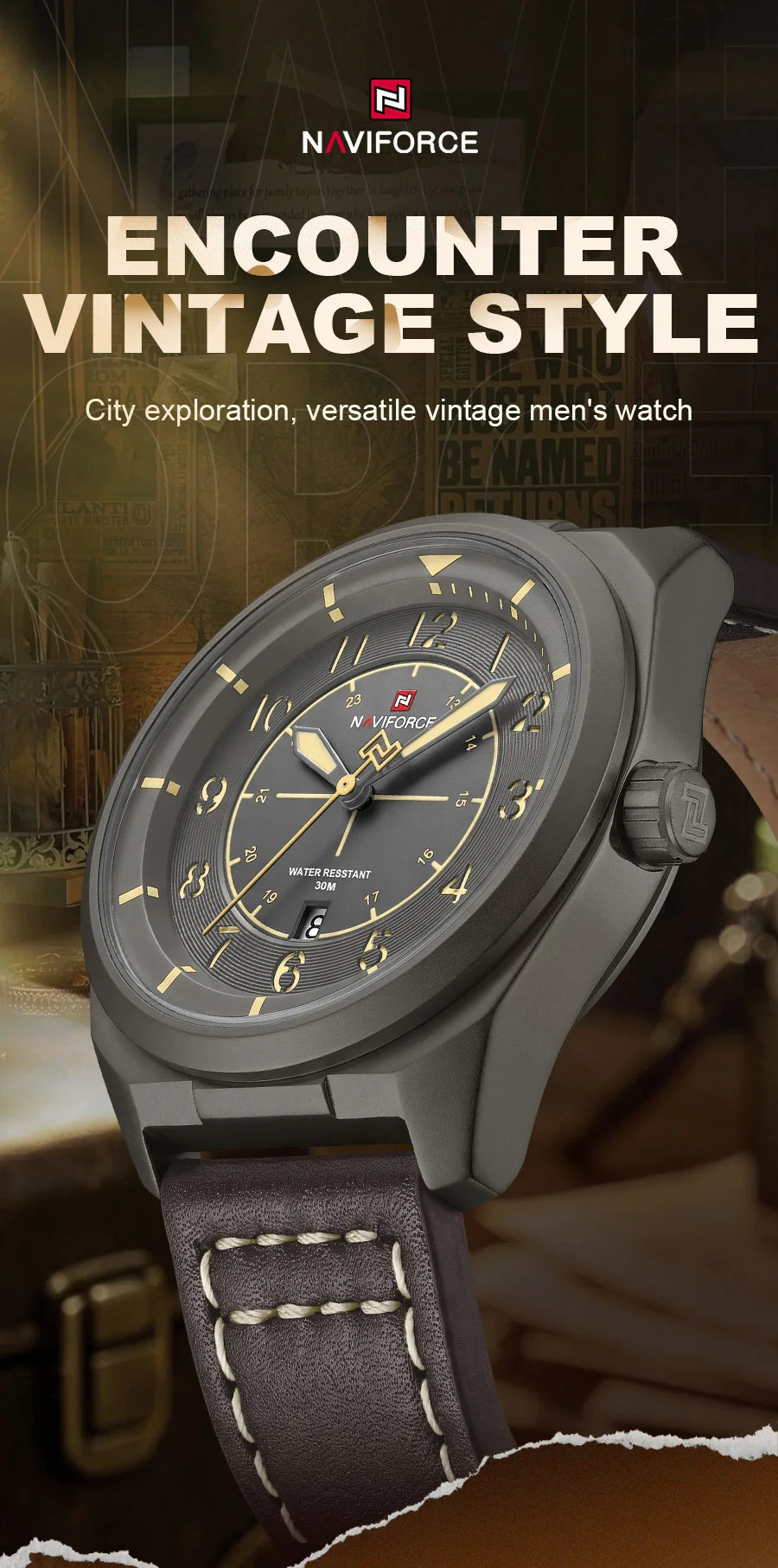 NAVIFORCE New Men Retro Quartz Watch Calendar 30M Waterproof Leather Strap Male Simple Trendy Mature Business Wristwatch NF9281L
