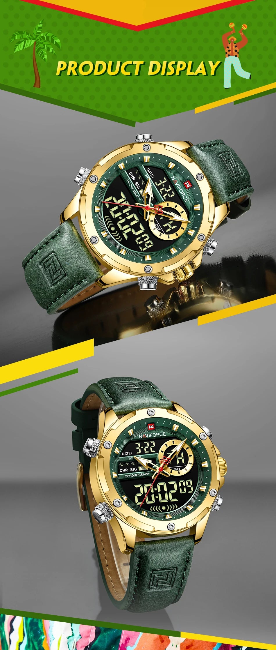 NAVIFORC Casual Sport Chronograph Men's Watch Genuine Leather Band Wristwatch Quartz Clock Luminous Display Relogio Masculino