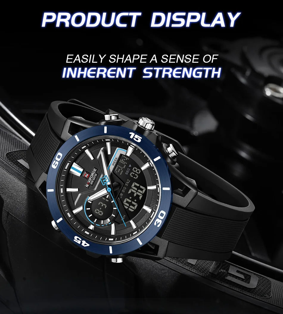 NAVIFORCE Men's Fashion Dual Display Watch 5ATM Waterproof Luminous Soft TPU Strap Male Sports Outdoor Daily Wristwatch Gift Box