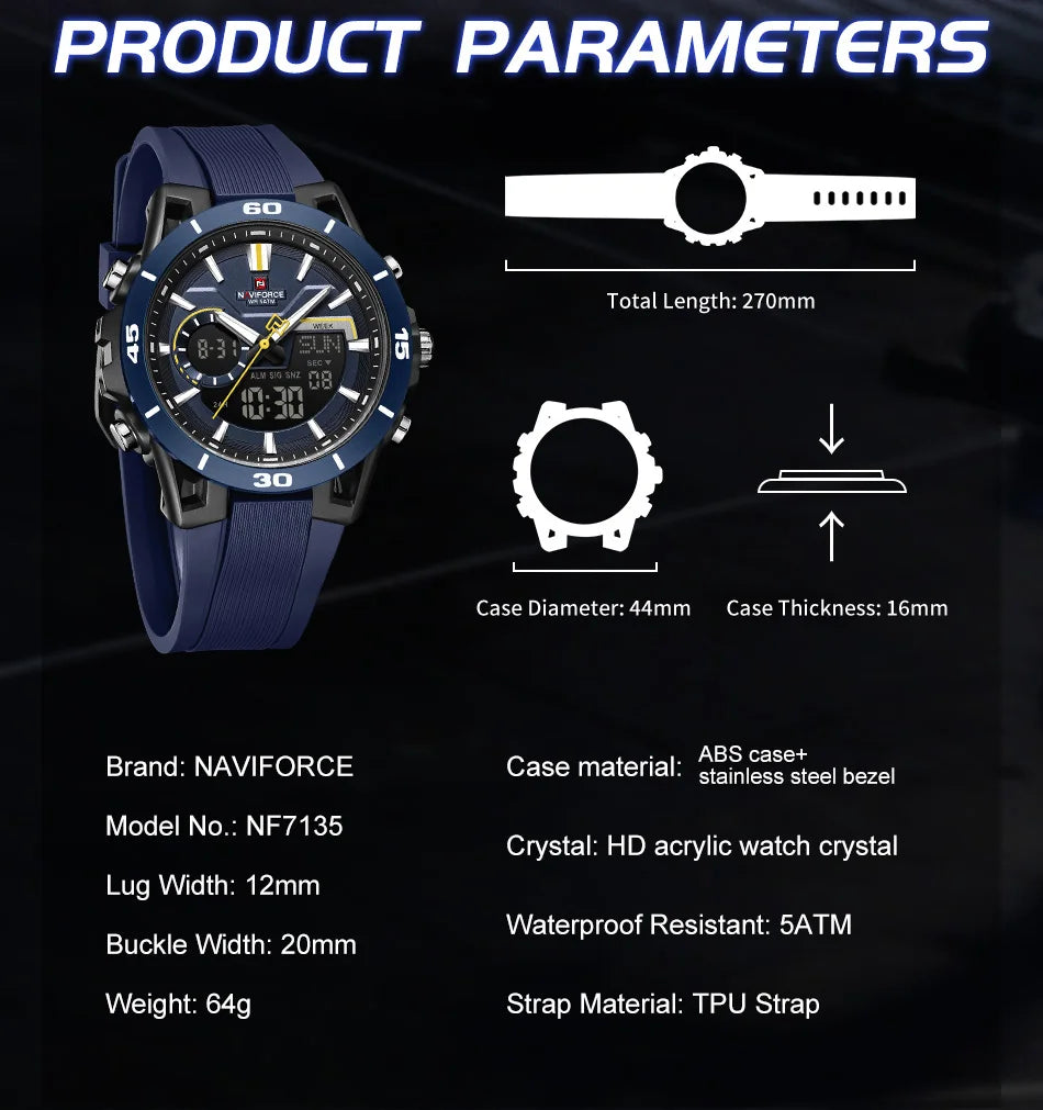 NAVIFORCE Men Watches Quartz Dual Display 50M Waterproof Chronograph Luminous Alarm Clock Male Business Sports Trendy Wristwatch