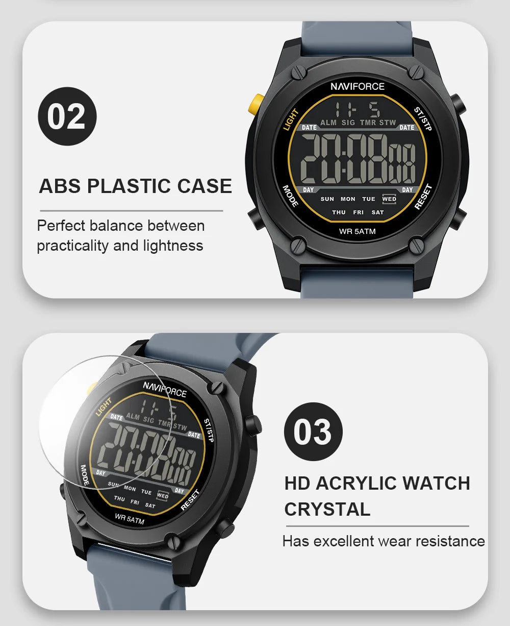 NAVIFORCE Men Digital Watch Sports Fashion Watches Waterproof 50M Man HD Electronic Screen Student Cool Alarm Display Wristwatch