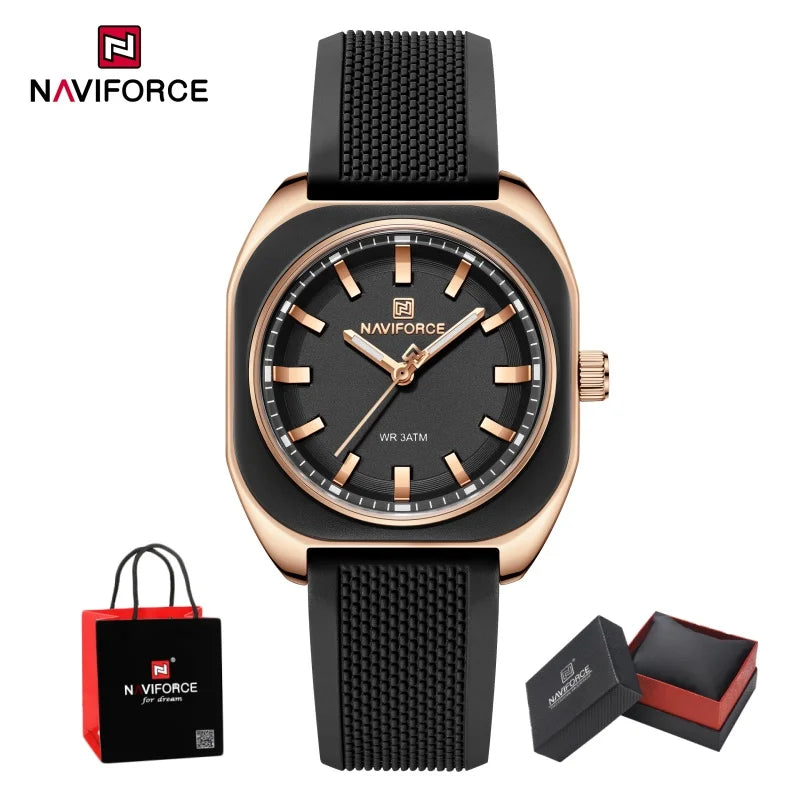 NAVIFORCE Womens Square Quartz Watch 3ATM Waterproof Luminous Silicone Strap Casual Fashion Dress Elegant Wristwatch Gifts Box