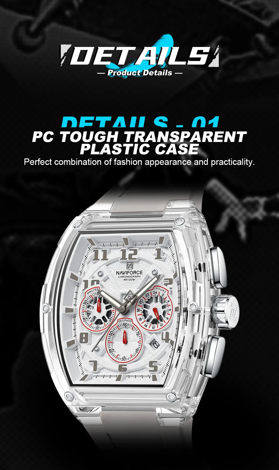 NAVIFORCE Man's Quartz Watch 50M Water Resistant Luminous Male Sports Wristwatch Barrel Dial Multi Function Casual Tech Stylish