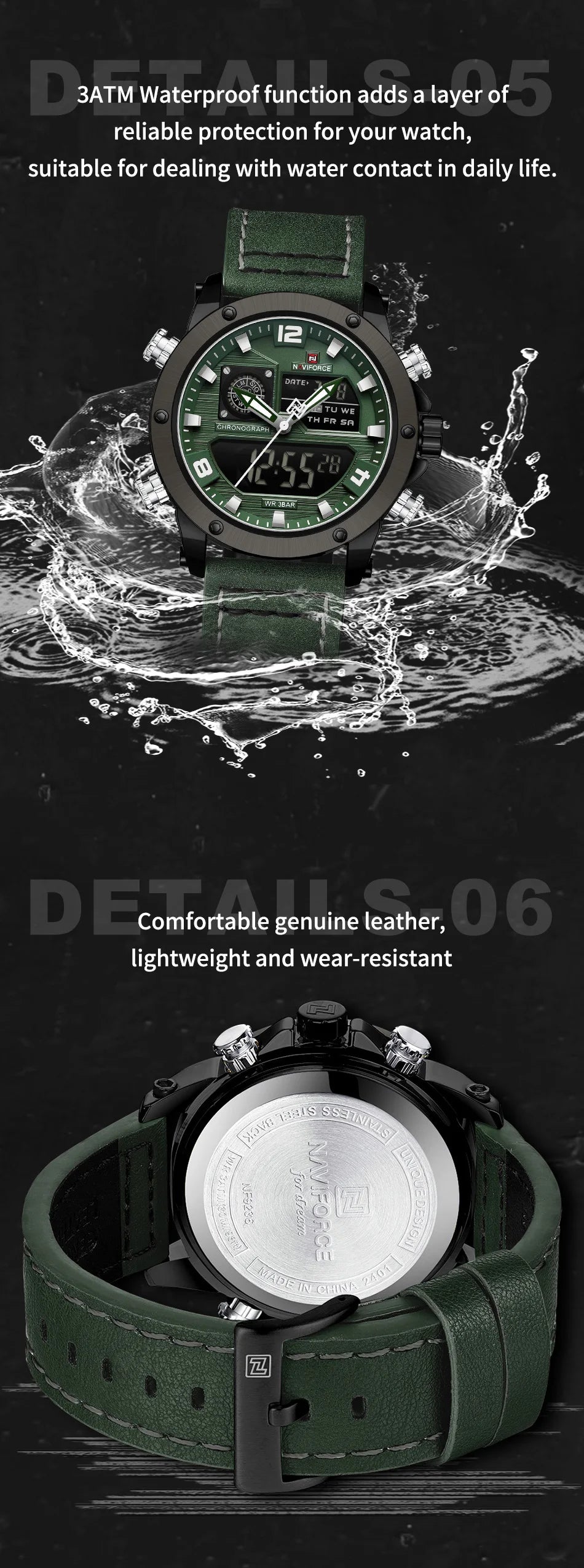 NAVIFORCE Digital Mens Military Watch Waterproof Watch Dual Display Quartz Sports Watch For Men Luminous High Quality Wristwatch