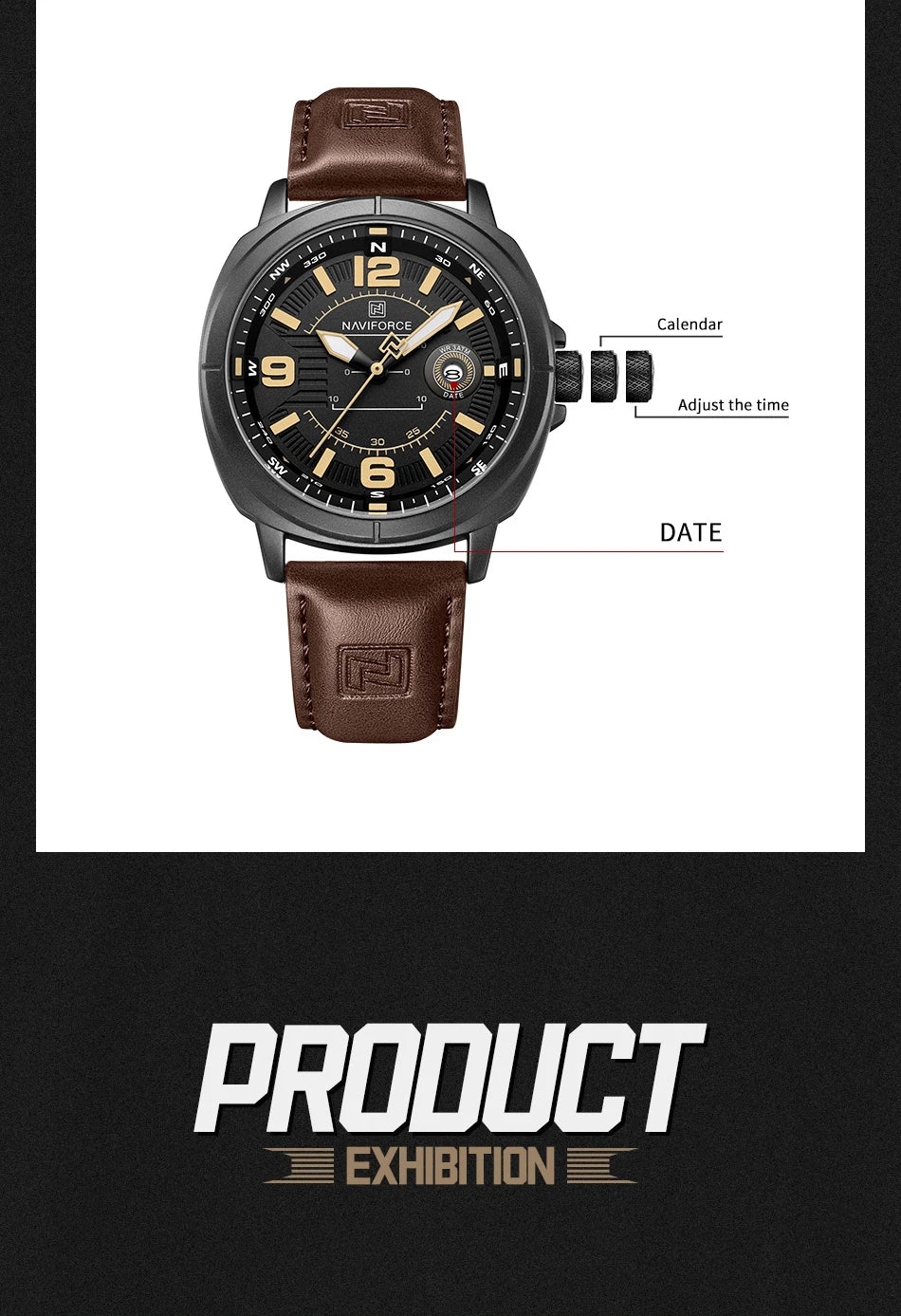 NAVIFORCE New Male Wristwatch Gift Box Quartz Calendar PU Band Calendar High Quarlity 30M Waterproof Business Man's Watch NF8078