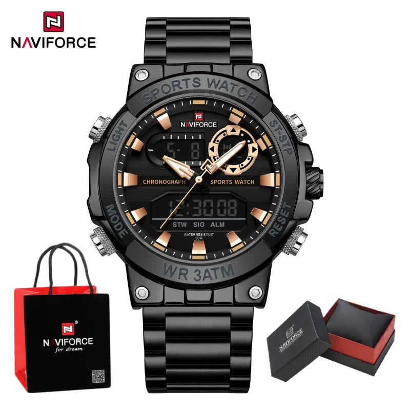 NAVIFORCE Men Watch Stopwatch Dual Time Display Men's Watch Fashion Sport Watch Stainless Steel Strap Waterproof  Package Gifts