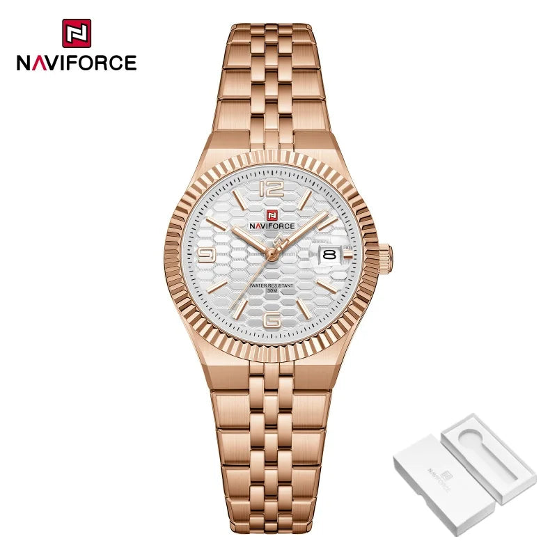 NAVIFORCE New Lover Watches 3ATM Waterproof Quartz Calendar Stainless Steel Fashionable Elegant Daily Wear Wristwatch for Couple
