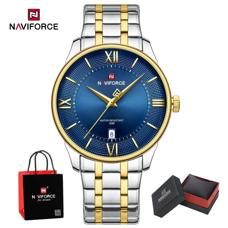 NAVIFORCE Man's Watch Quartz Calendar 30M Waterproof Stainless Steel Male Stylish Daily Luxury Wristwatch Gifts Box Father's Day