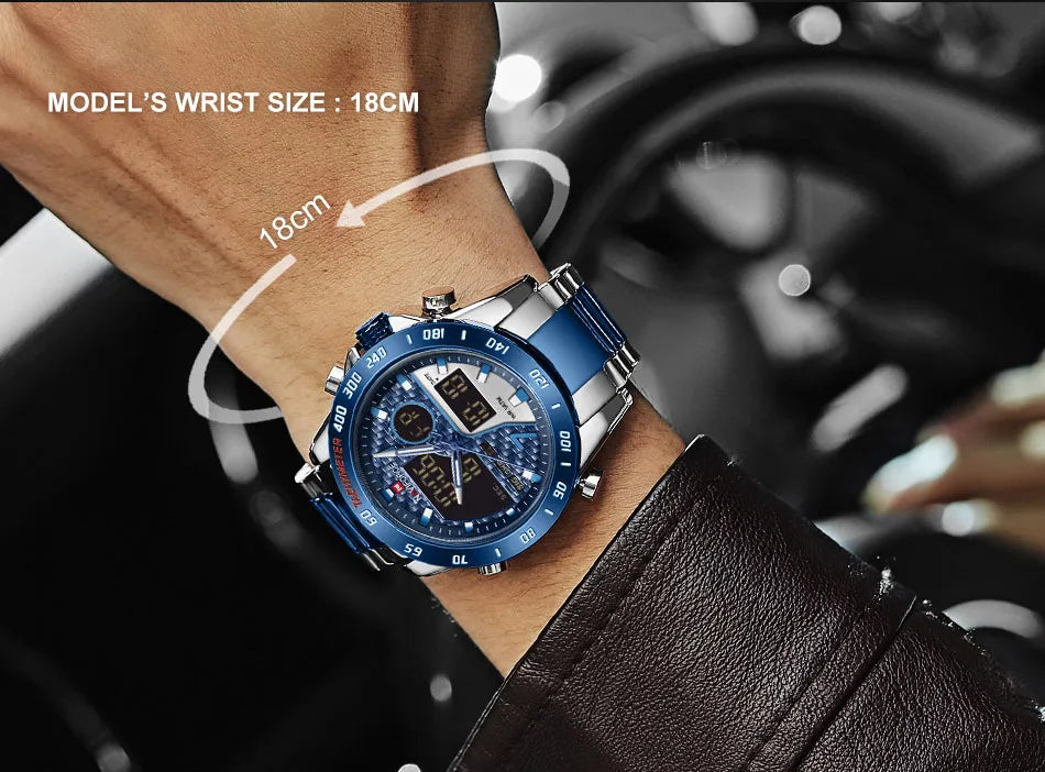 NAVIFORCE Male Quartz Dual Display Clocks Waterproof Luminous Stainless Steel Strap Watches Men Mature Style Wristwatch Gift Box
