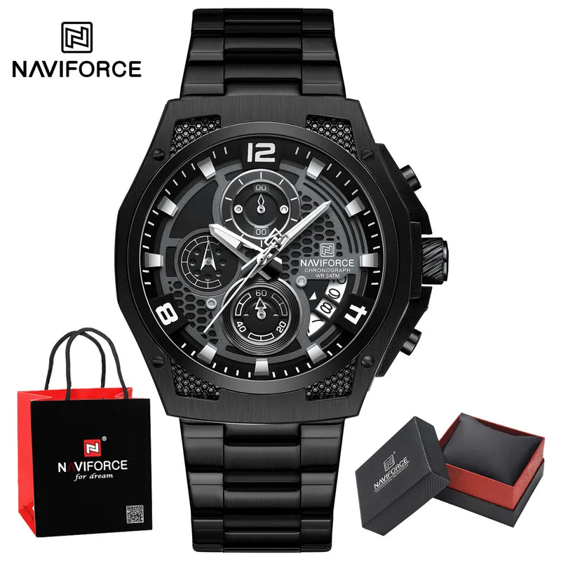 NAVIFORCE Business Watches for Men Fashion Stainless Steel Quartz Chronograph Waterproof WristWatch Male In Luxury Package Gifts