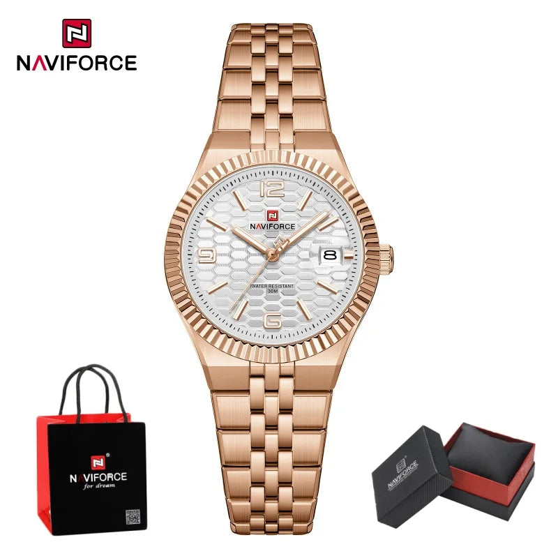 NAVIFORCE Luxury Women Quartz Calendar Watch 30M Waterproof Luminous Steel Strap Female Casual Girls Fashion Wristwatch Gift Box