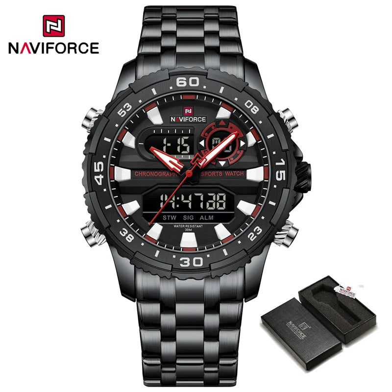 NAVIFORCE Men's Sports Alarm Watch Waterproof Chronograph Quartz Movement Steel Band Digital Date Week Display Wristwatches Gift