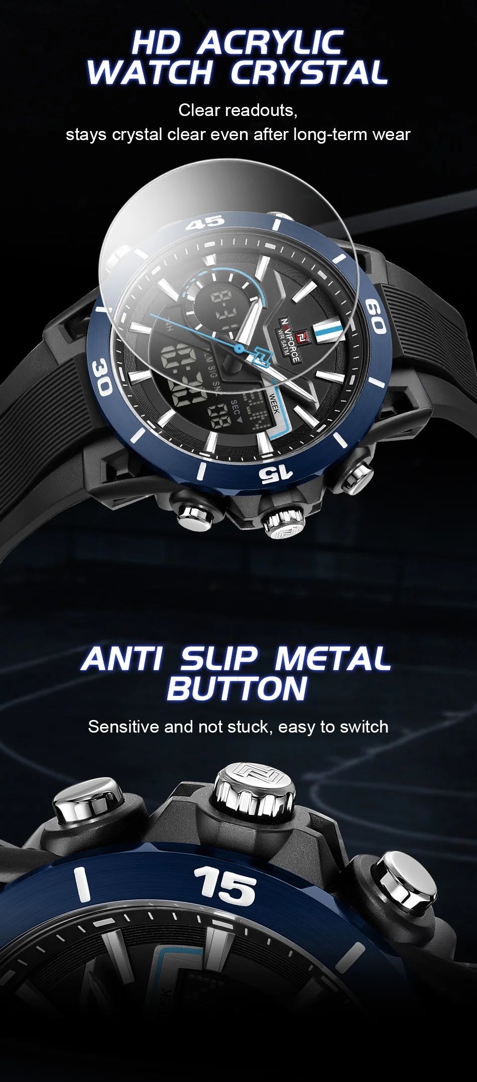 NAVIFORCE Men's Fashion Dual Display Watch 5ATM Waterproof Luminous Soft TPU Strap Male Sports Outdoor Daily Wristwatch Gift Box