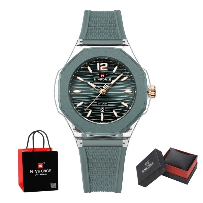 NAVIFORCE Woman's Watch Quartz Waterproof Silicone Band Date Display Wristwatch Luxury Trendy Ladies Dress Wristwatch Gifts Box