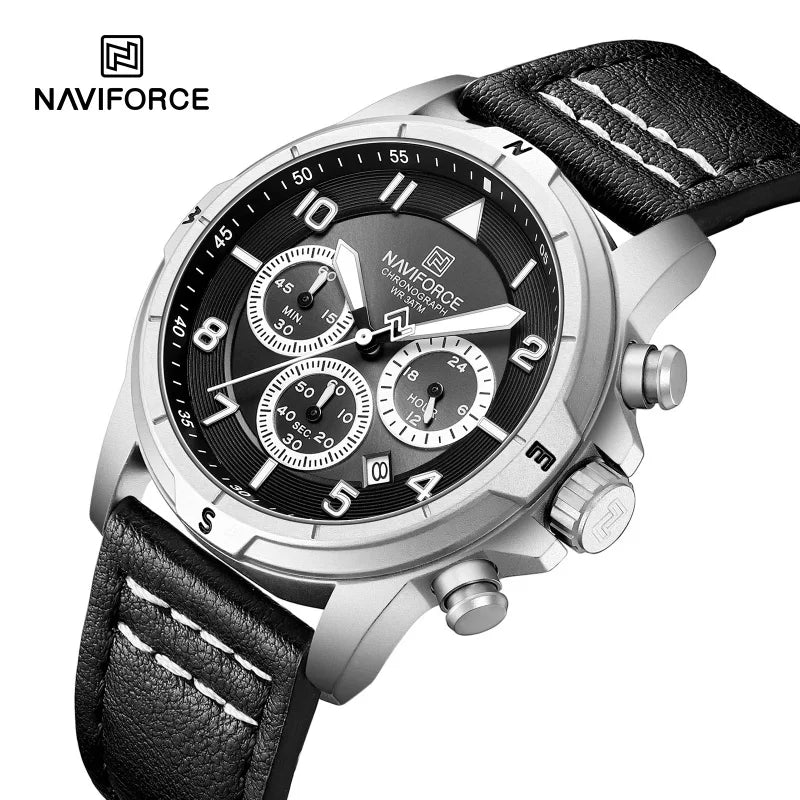 NAVIFORCE Men's Quartz Chronograph Wristwatch Multi Dial 24 Hour Clock Leather Band Modern Business Luxury Design Men Gift Watch