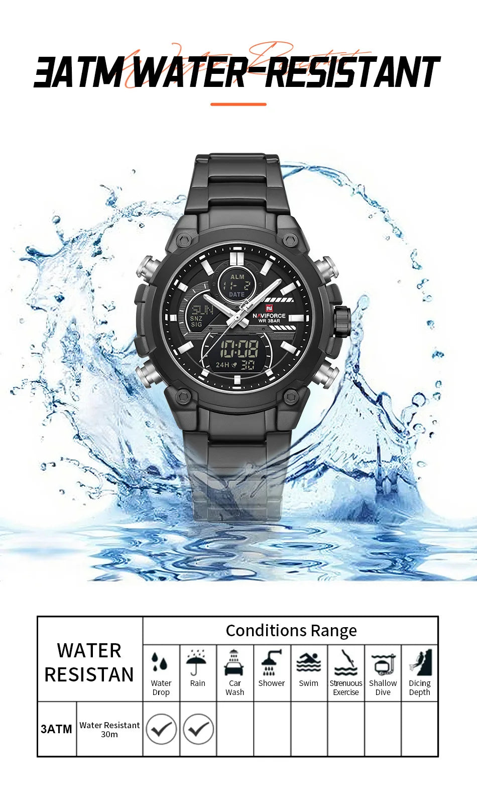 NAVIFORCE Men's Watch Luxury Quartz LCD Digital Sports Military Style Dual Display Chronograph Alarm Clock Wristwatch Gifts Box