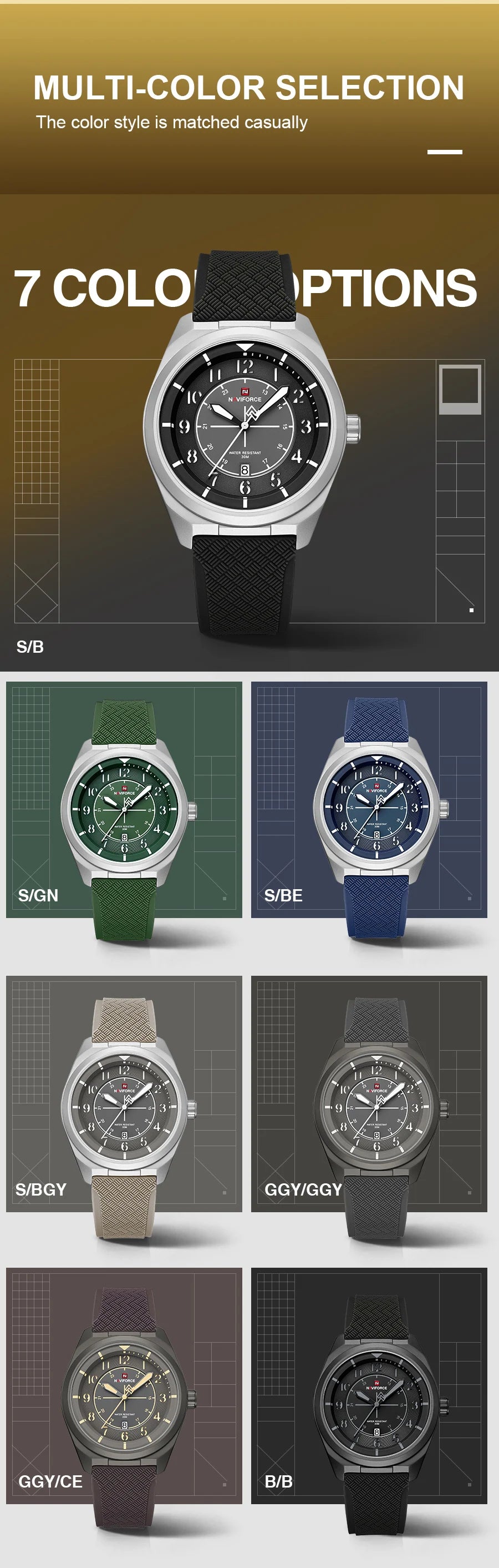 NAVIFORCE Men Quartz Watch 30M Waterproof Sports Luminous Wristwatch Fashion Silicone Strap Daily Casual Watches Reloj Hombre