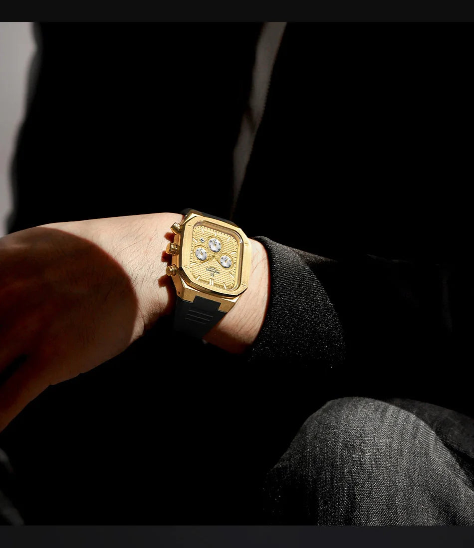 NAVIFORCE Men's Luxury Gold Watch Fashion Silicone Strap Quartz Movement Waterproof Square Wristwatch with Luminous Hands And Da