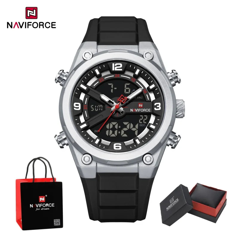 NAVIFORCE Man's Watches Dual Display Week and Date Waterproof Luminous Silicone Strap Male Business Fashion Wristwatch Gift Box