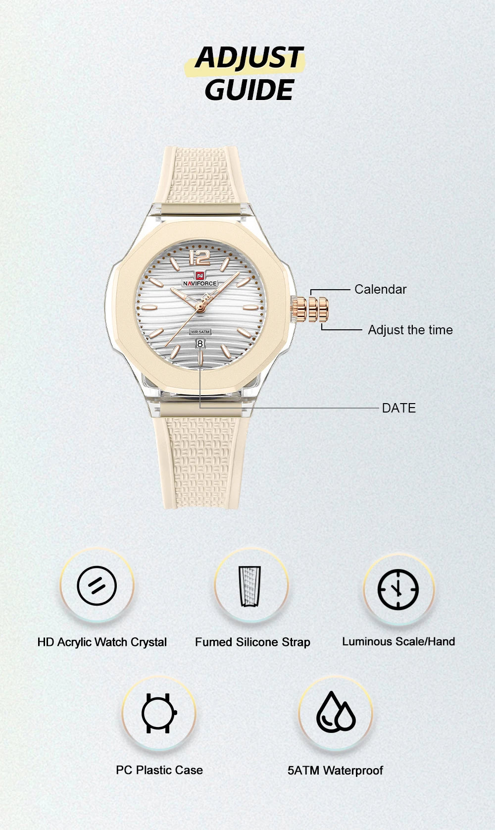 NAVIFORCE Woman Watch Silicone Band Waterproof Elegant Ladies Date Display Wristwatch Luxury Original Quartz Watches for Women