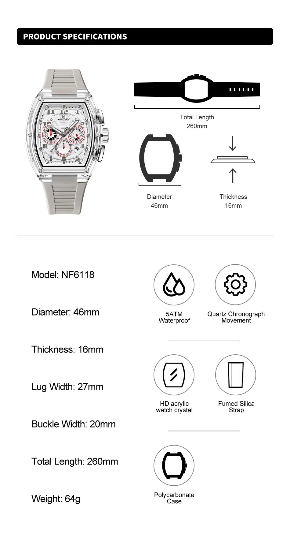 NAVIFORCE Man's Quartz Watch 50M Water Resistant Luminous Male Sports Wristwatch Barrel Dial Multi Function Casual Tech Stylish