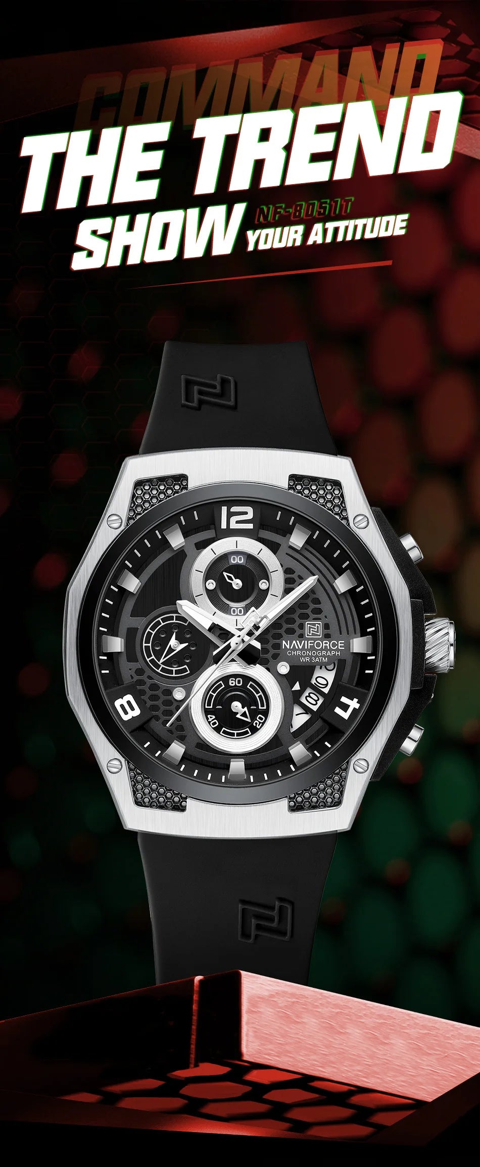 NAVIFORCE Fashion Men's Wristwatch Silicone Strap Casual Sports 3ATM Water Resistant Male Quartz Watch In Luxury Package Gifts
