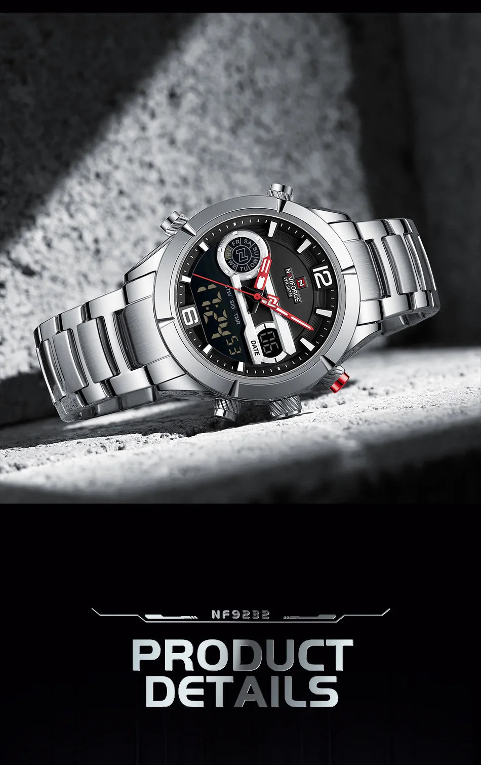 NAVIFORCE Brand Luxury Watch For Men Waterproof Digital Sport Quartz Wristwatches Military Luminous Stainless Steel Strap Clock