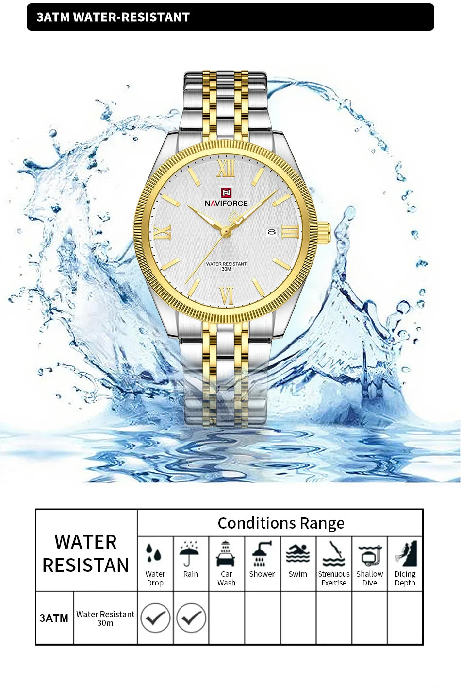 NAVIFORCE Man Wristwatch Quartz Calendar 30M Waterproof Date Display Steel Band Casual Male Business Watch Gift for Father's Day