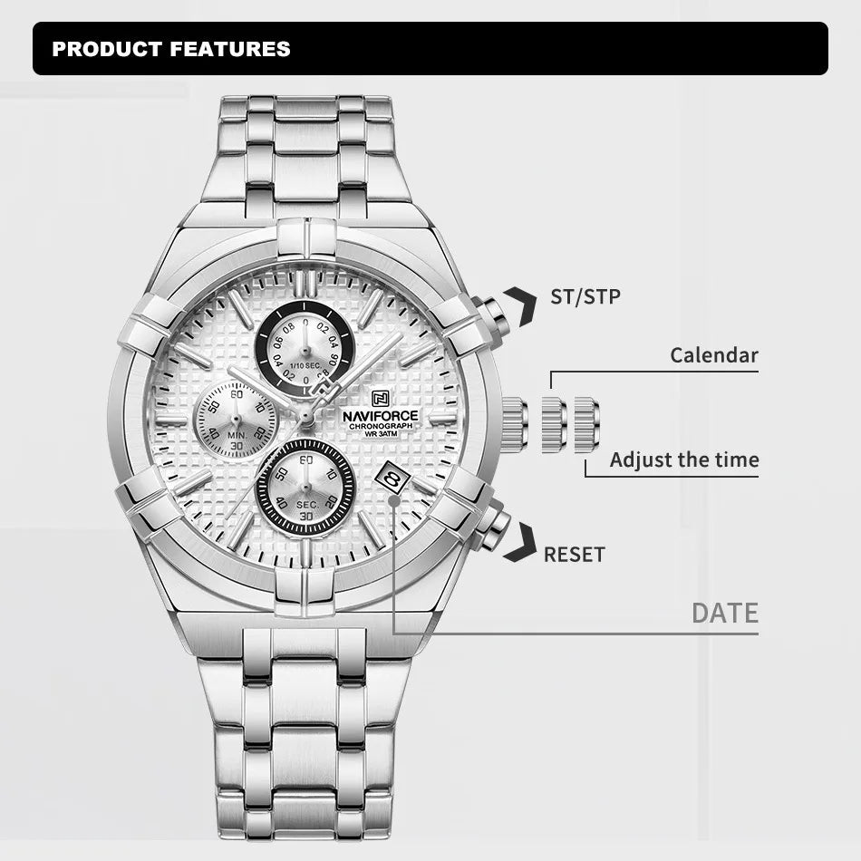 NAVIFORCE Original Men's Watches Waterproof Classics Quartz Wristwatches Stainless Steel Luminous Chronograph Clock 2023 Trend