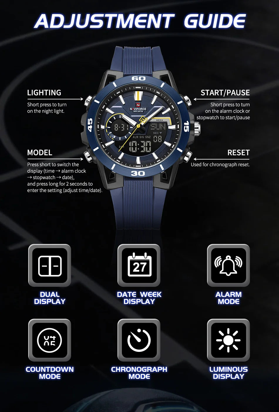 NAVIFORCE Men Watches Quartz Dual Display 50M Waterproof Chronograph Luminous Alarm Clock Male Business Sports Trendy Wristwatch